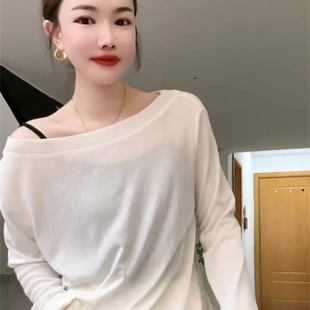 欧货设计感一字领露肩微透长袖 网纱上衣女夏季 新款 宽松防晒T恤衫