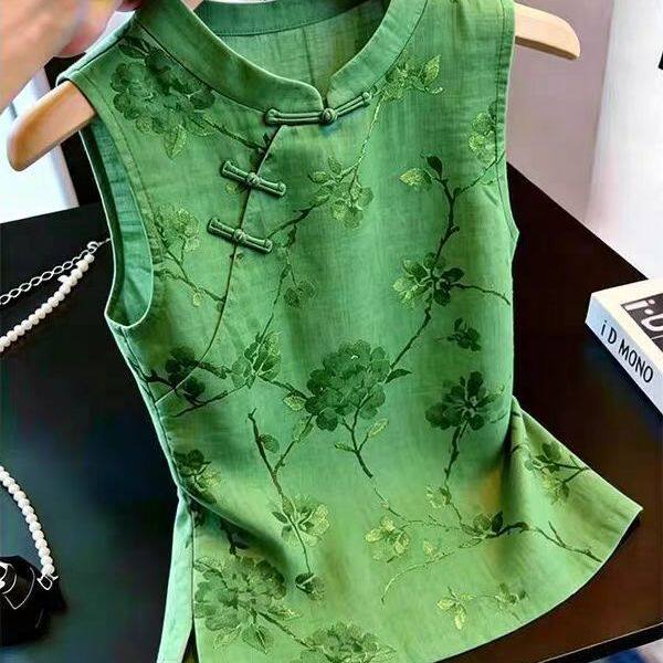 新中式立领盘扣花卉马甲女显瘦