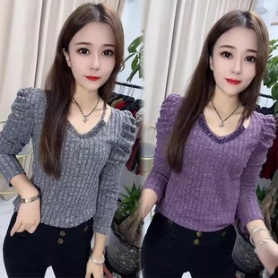 打底衫 欧货针织衫 气质V领串珠减龄显瘦泡泡袖 时尚 女2025秋冬新款