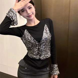 上衣 T恤女休闲打底衫 亮片宴会2026春季 重工钉珠显瘦假两件长袖
