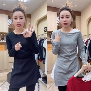 百搭圆领拼接中长款 时尚 假两件气质休闲简约通勤上衣 新款 2025秋季