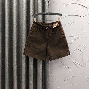 宽松休闲水洗棉直筒阔腿中裤 时尚 潮 女夏季 咖啡色高腰五分牛仔短裤