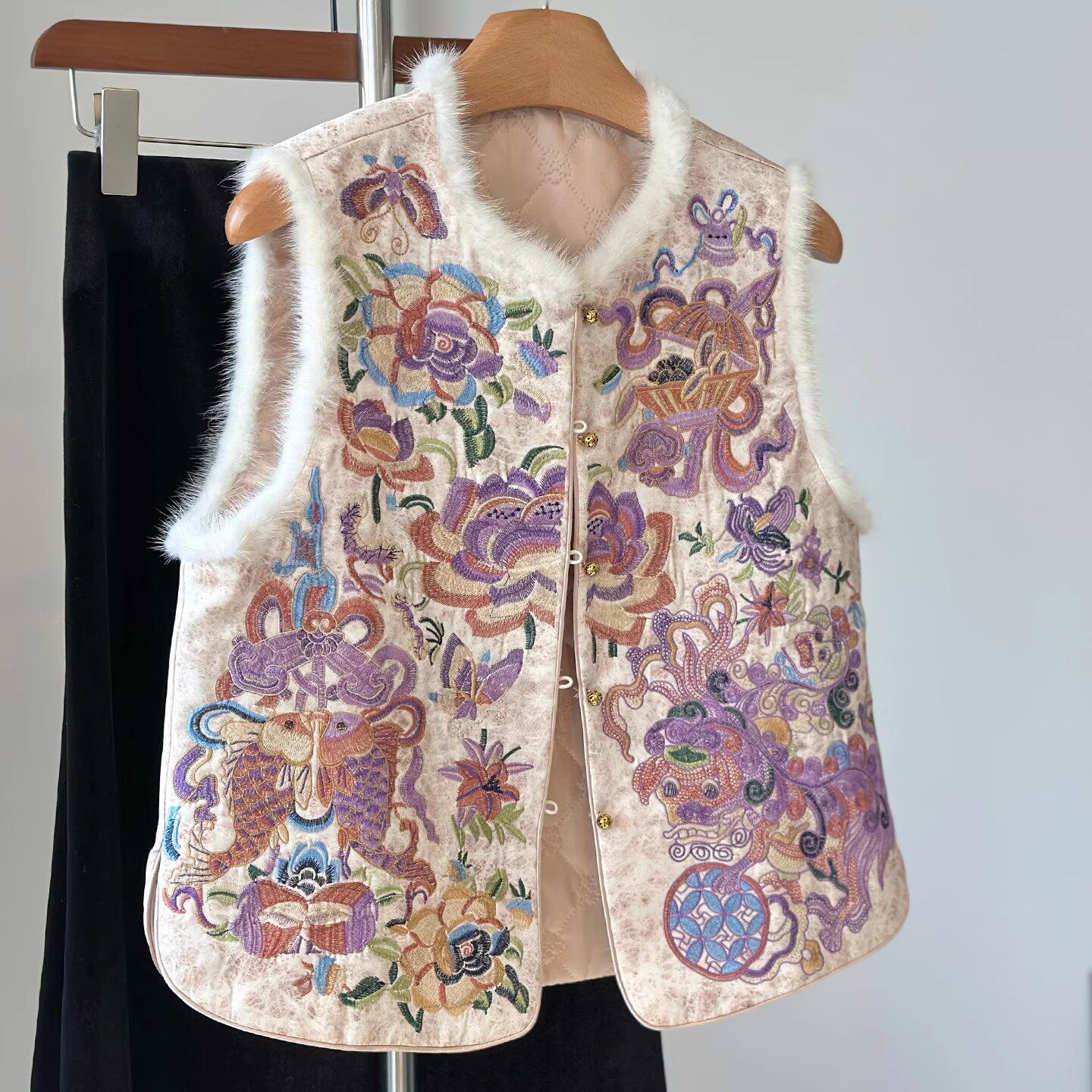 紫色重工印花国风马甲夹棉加厚水貂毛背心外穿对襟盘扣唐装新中式