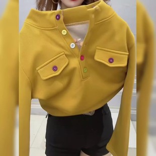饰时尚 2025秋冬女欧货复古黄色加绒上衣长袖 半开领活力彩色纽扣装