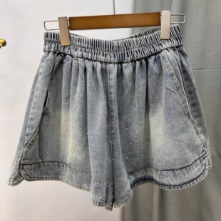 女百搭高端牛仔短裤 夏季 阔腿裤 烫钻松紧腰做旧洗水百搭A字版 大码