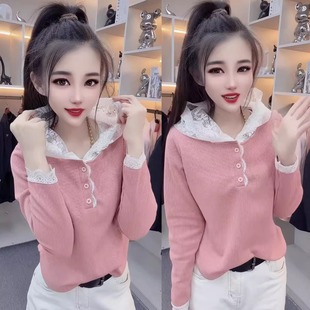 T恤女洋气修身 2025春秋新款 长袖 蕾丝拼接连帽衫 显瘦打底上衣 时尚