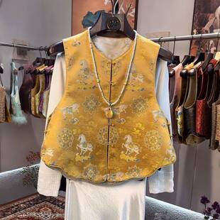 新款 春夏季 复古叠穿背心马夹坎肩 国风印花女款 黄色小马马甲新中式