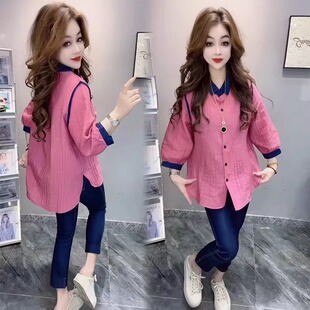 清新减龄显瘦百搭上衣 气质撞色翻领七分袖 网红衬衫 女2025春夏新款