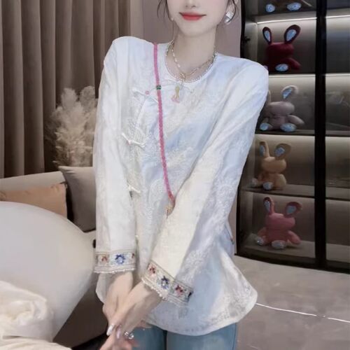 新中式盘扣提花钉珠长袖女衬衫