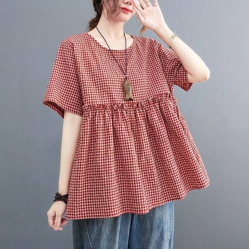 格子棉麻短袖衬衫女夏季宽松大码洋气减龄遮肚娃娃衫显瘦圆领上衣
