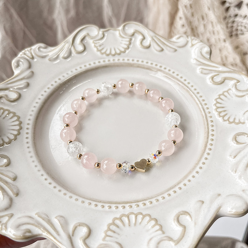 天然粉水晶手链女珠子串珠马达加斯加粉晶爆花白水晶爱心diy手串