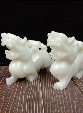 天然白玉母子貔貅摆件玉石皮丘工艺品电视柜玄关桌面摆件