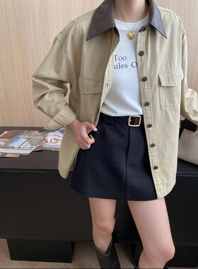 街头巴恩风 撞色PU皮翻领工装感口袋休闲宽松外套 SN8108