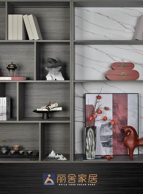 新中式样板间客厅摆件书房书柜饰品组合软装搭配假书挂画茶具套装