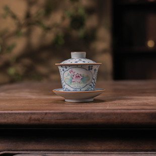 青花手绘三才盖碗陶瓷功夫茶具 朴云堂 荷花鱼藻纹马蹄盖碗