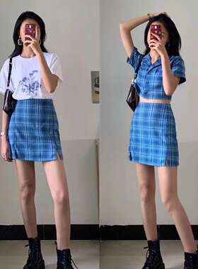 夏季百搭brandy melville正品蓝色格纹短上衣短袖格子套装半身裙