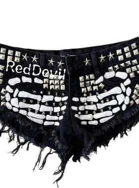 【AGD】RedDevil亚文化视觉系牛仔朋克重工铆钉辣妹短裤骷髅拼接