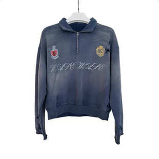 WASE水洗蓝做旧破坏印花套头立领短宽复古街头卫衣外套 AGD