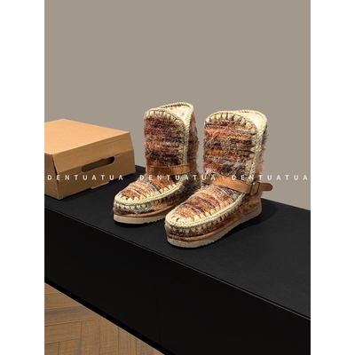 DENTUATUA 暖甜冬日！25FW 彩色毛呢厚底羊皮毛一体雪地靴 女