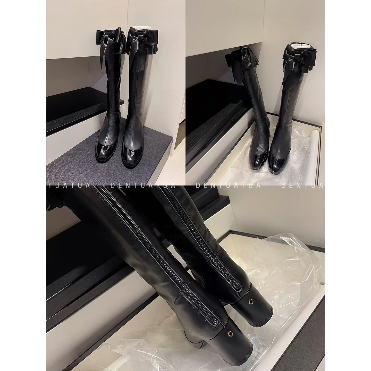 DENTUATUA缎带的古典浪漫！25FW荷叶边蝴蝶结粗高跟高筒长靴女