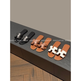 拼色方头平底一字凉拖鞋 25ss 女 踩上这个风情夏天 DENTUATUA