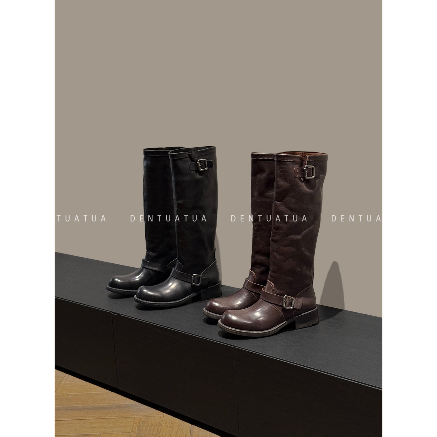 DENTUATUA 塑造修长腿部线条！25FW 厚底皮带扣褶皱高筒骑士靴 女