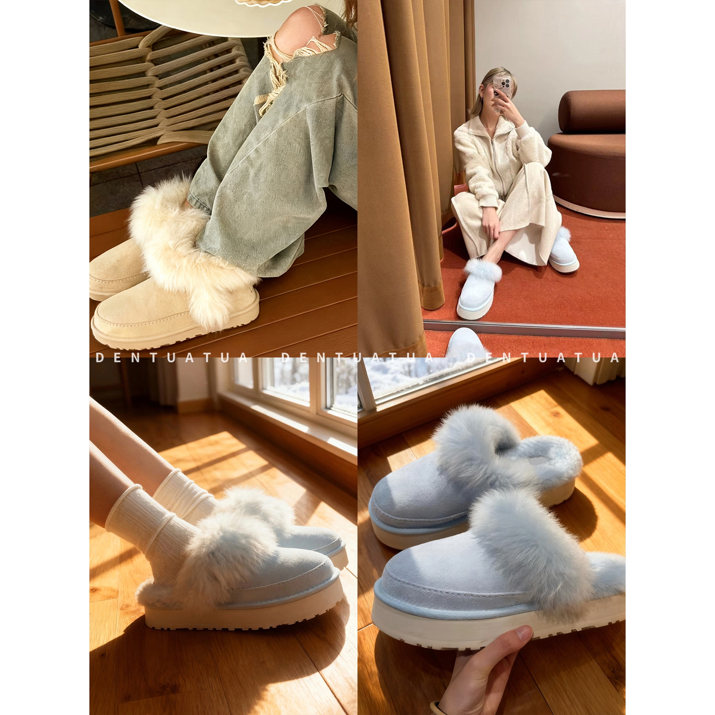 DENTUATUA宅时尚的甜蜜瞬间！25FW厚底羊毛包头毛毛拖鞋雪地靴女
