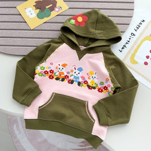 miki可爱小兔连帽卫衣童装 25秋款女童全棉拼色卡通插兜连帽卫衣