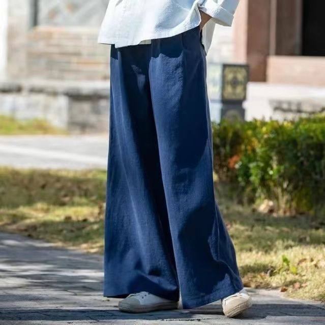 夏季文艺棉麻休闲裤纯色松紧腰宽腿裤显瘦女阔腿裤大码宽松长裤子