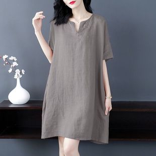 妈妈夏装 宽松休闲200斤胖mm棉麻长裙过膝 棉麻连衣裙女加肥加大码