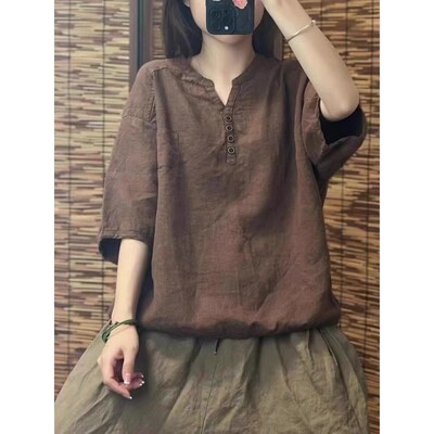 2026夏季新款文艺棉麻纯色立领衬衫女宽松百搭显瘦五分袖薄款衬衣