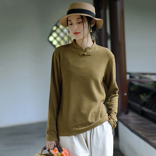外穿套头T恤 宽松复古立领德绒保暖长袖 民族风盘扣打底衫 女秋冬装
