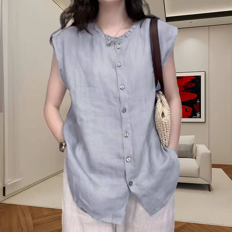 夏季大码宽松纯色木耳边圆领无袖上衣麻料T恤休闲背心文艺小衫女