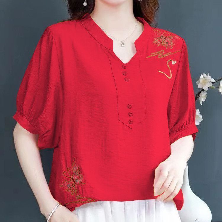 2025女装夏季新款中年妈妈上衣短袖衬衫时尚大码棉麻绣花百搭上衣
