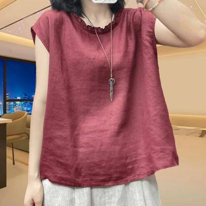 无袖衬衫女夏季新款前后两穿圆领设计感衬衣时尚宽松遮肚薄款上衣
