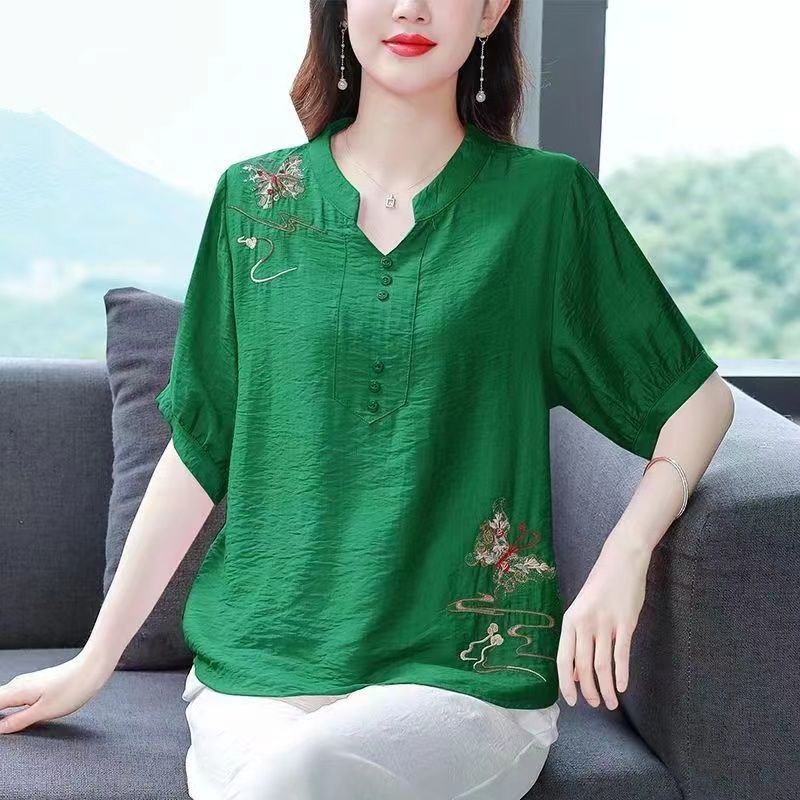 2025女装夏季新款中年妈妈上衣短袖衬衫时尚大码棉麻绣花百搭上衣