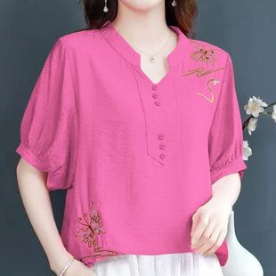 宽松短袖 大码 胖人遮肚子上衣 新款 中年妈妈V领刺绣棉麻上衣女夏季