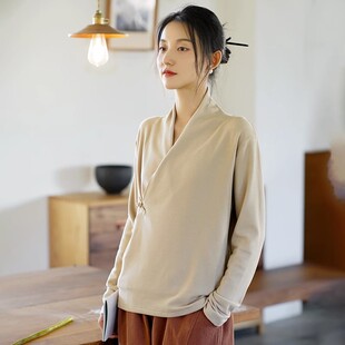 新中式秋冬德绒国风盘扣V领长袖T恤女设计感遮肉保暖百搭上衣潮女