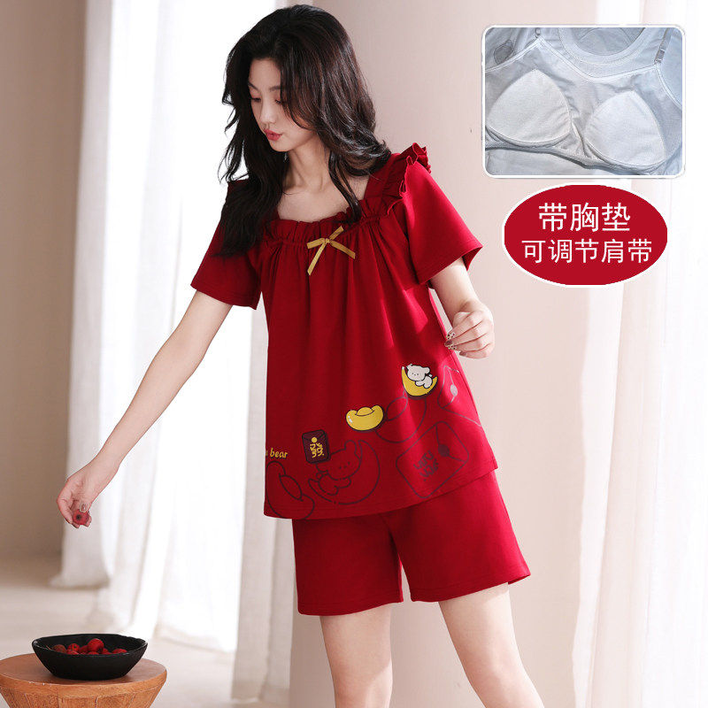 时尚大红色睡衣女夏季纯棉短袖本睡衣/家居服套装
