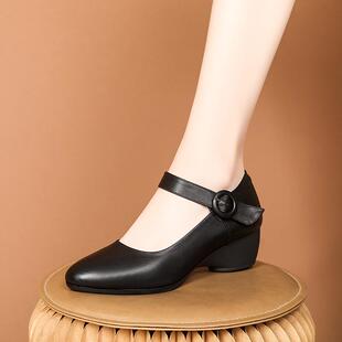 特娜迪真皮一字扣带圆头玛丽珍皮鞋中跟百搭舒适软底浅口妈妈单鞋