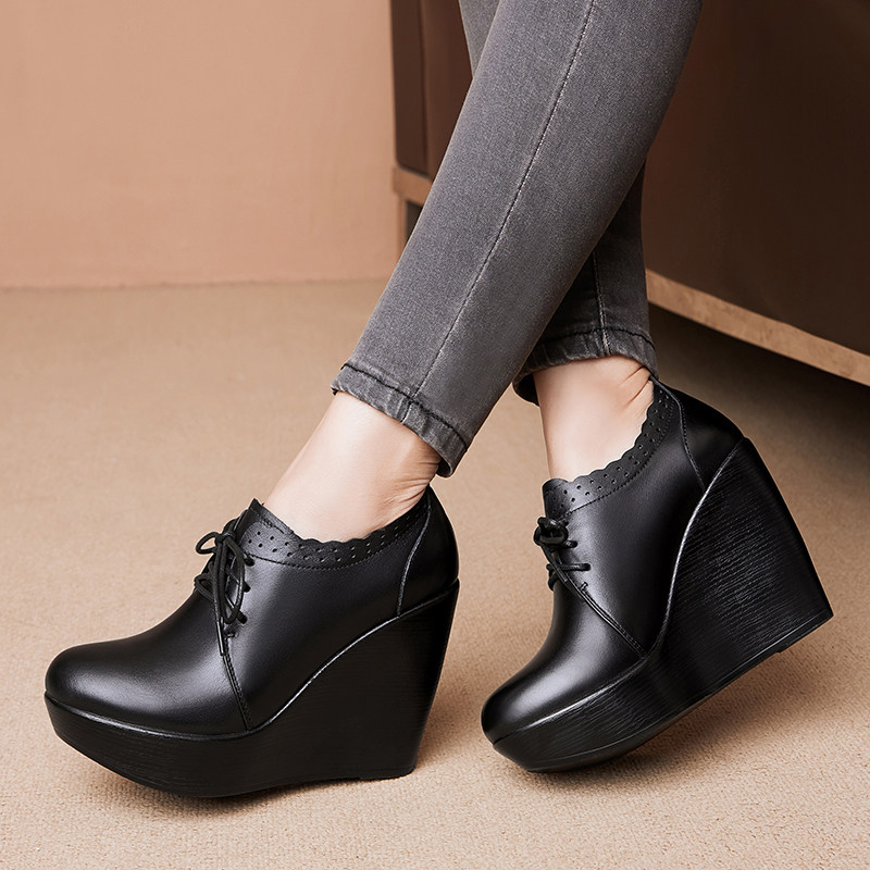 真皮厚底坡跟单鞋女2025秋季松糕底圆头系带皮鞋防水台深口高跟鞋,女鞋,深口单鞋,淘宝优惠券,粉丝福利购,淘宝优惠卷