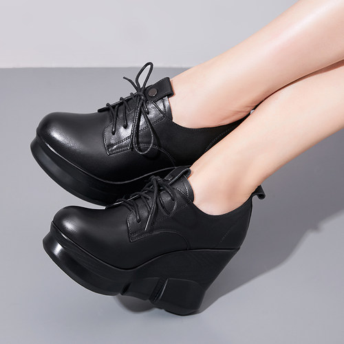 真皮系带厚底坡跟单鞋