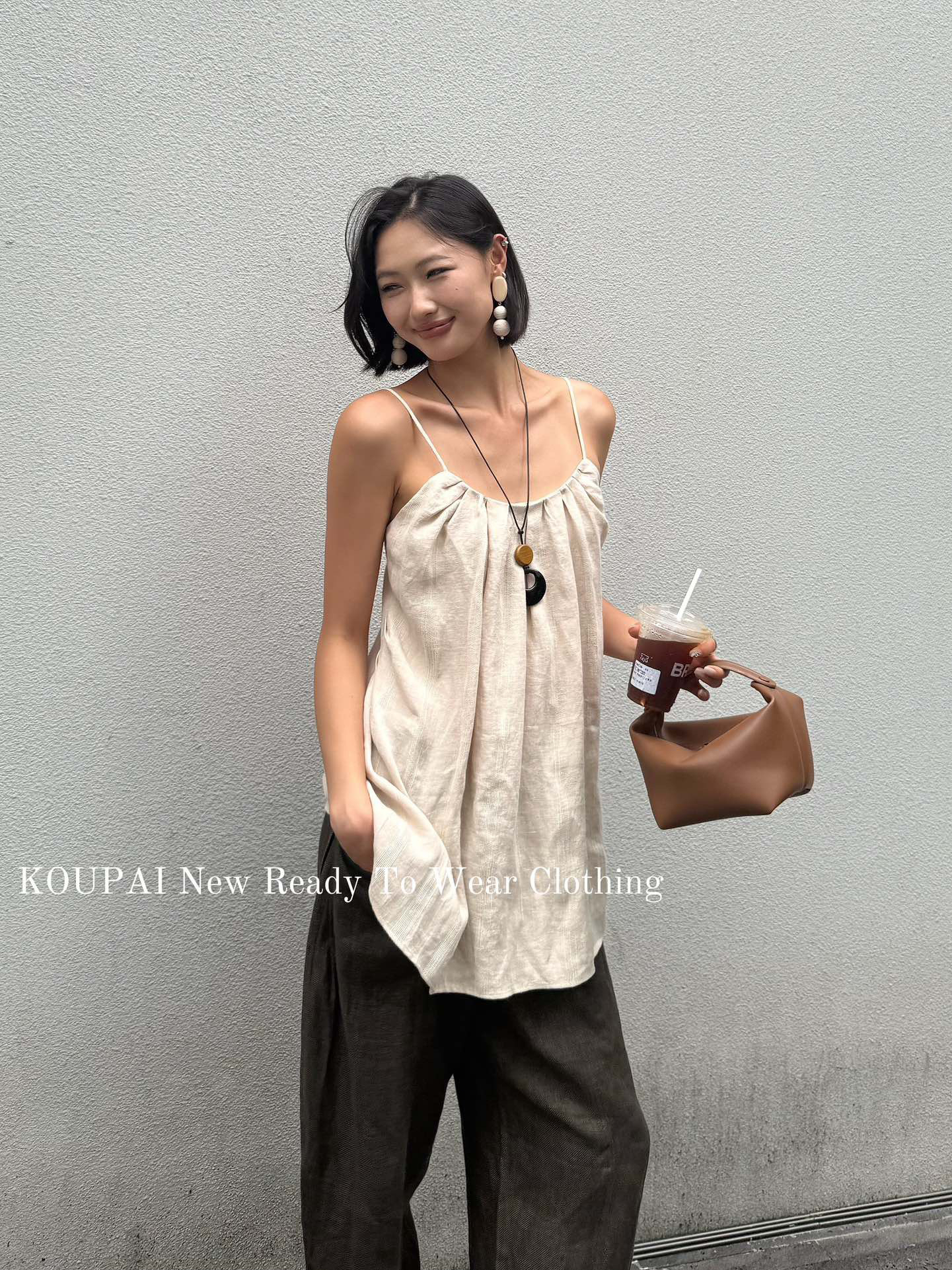 JIOIJIO 2025夏季新款简约素色亚麻褶皱吊带背心女宽松无袖上衣