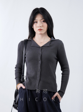灰色polo领针织开衫女气质显瘦春秋新款修身内搭长袖上衣韩系穿搭