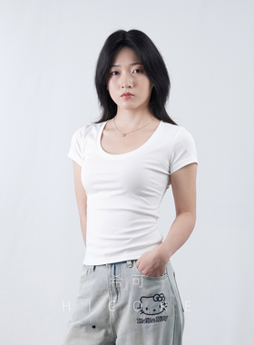 基础款纯棉U领正肩短袖t恤女夏2025夏季新款百搭白色显瘦薄款上衣