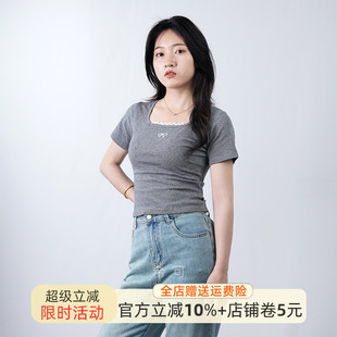 上衣 蕾丝拼接方领短袖 t恤女2025夏季 新款 小众设计感辣妹显瘦短款
