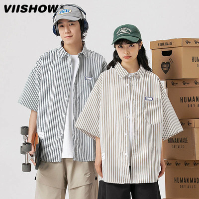 VIISHOW潮牌日系条纹短袖衬衫男2024夏季情侣宽松百搭上衣服外套