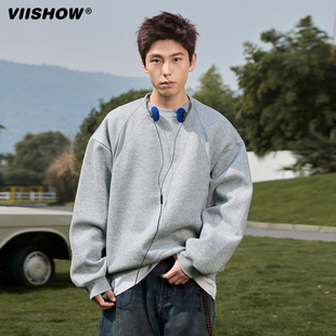 VIISHOW重磅拼接圆领卫衣秋季宽松运动上衣美式套头太空棉外套男