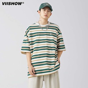 tee 宽松情侣百搭半袖 VIISHOW日系潮牌条纹圆领短袖 T恤男夏季