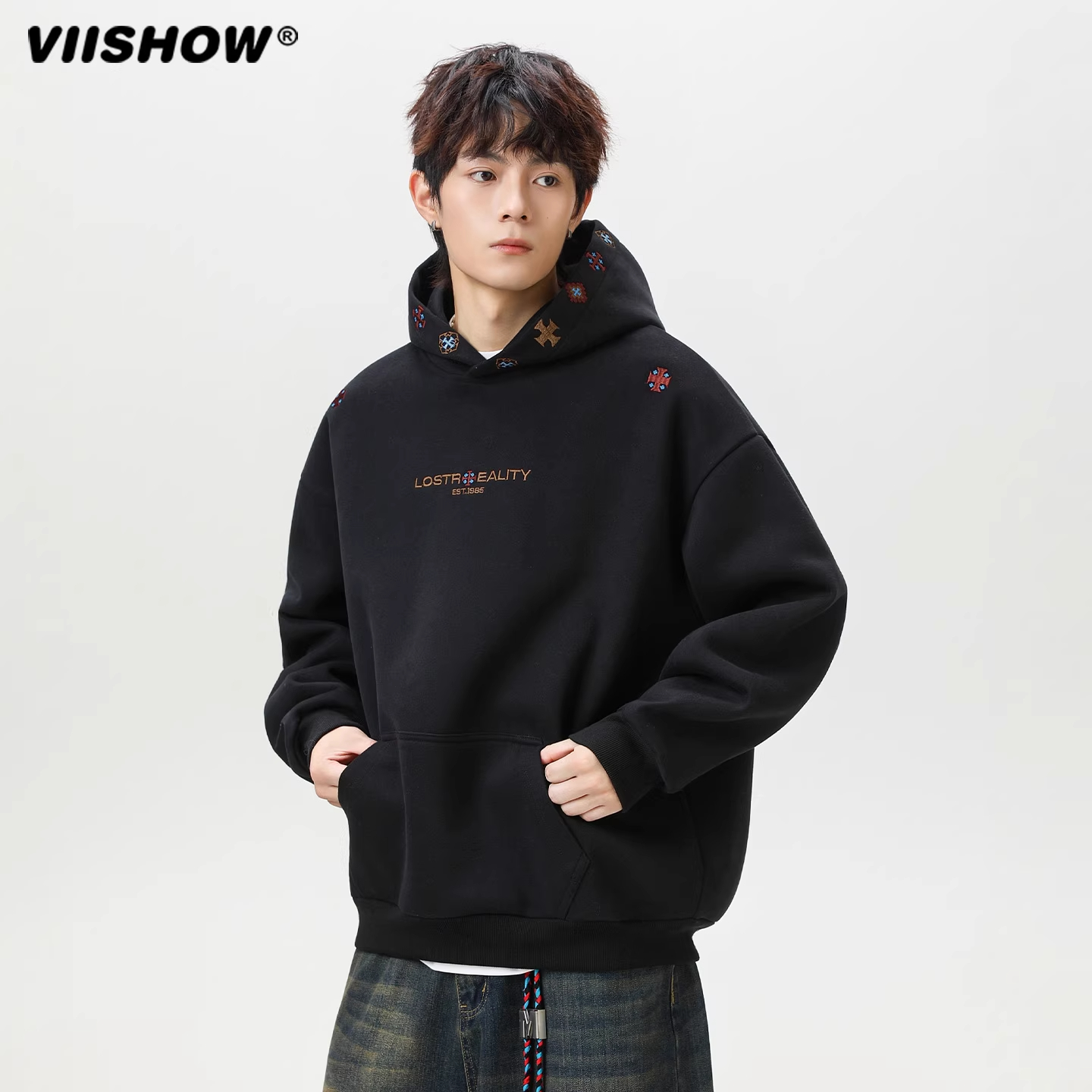 VIISHOW重磅民族风刺绣卫衣男女秋季美式情侣外套高街潮牌连帽衫